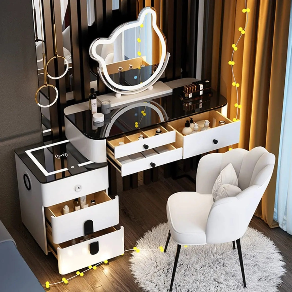 Makeup Vanity Desk Set. With 3 Color LED Lights Mirror. With Cushioned Stool. for Family Bedroom. for Her (120CM/47.2IN)