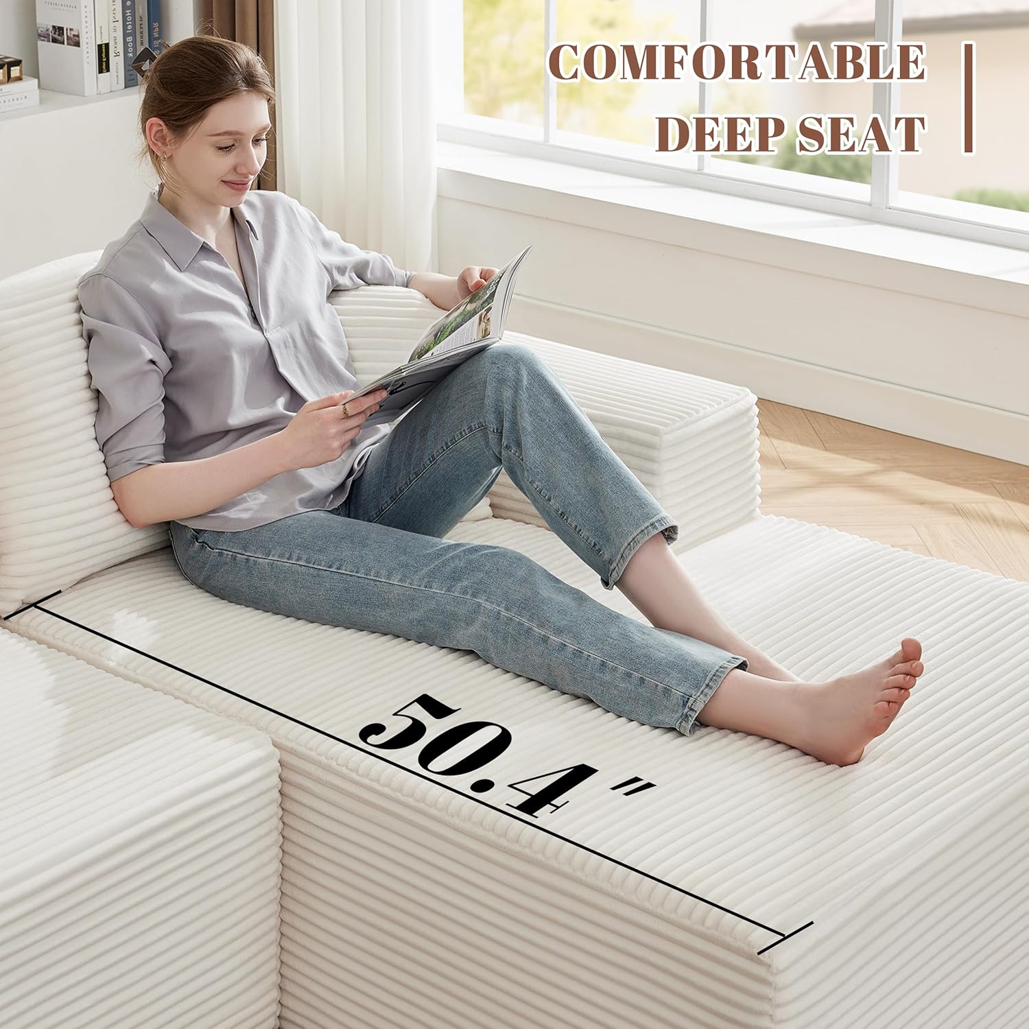 Cloud Sectional Sofa 110" with Chaise – Ultra Deep Seat, Fluffy Modular Couch, No-Assembly L-Shaped Beige Sofa for Cozy Living Rooms