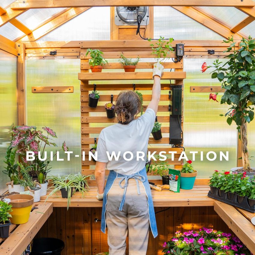 Backyard Discovery Bellerose Traditional Wood Greenhouse, All Cedar, Exterior and Interior Hose Hook-up, PowerPort, Foldable Shelves, Passive and Active Ventilation