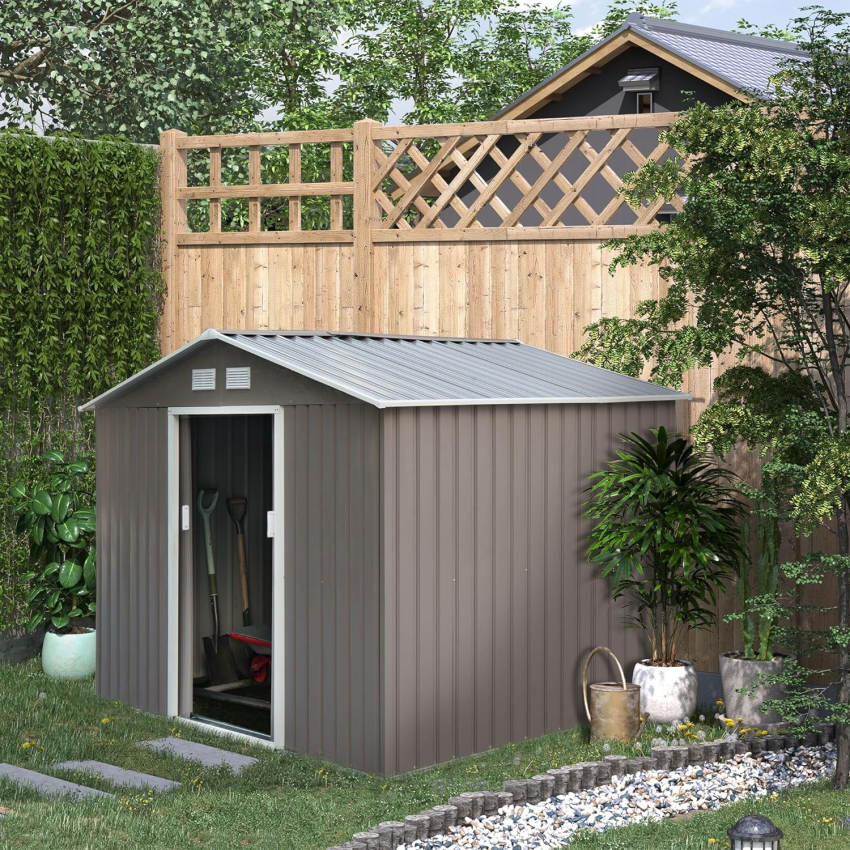 Outsunny 9 x 6ft Garden Metal Storage Shed, Outdoor Storage Tool House with Ventilation Slots, Floor Foundation and Lockable Double Doors, Light Green