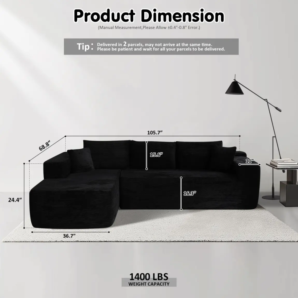 Ovios 106" Cloud Sectional Couch with L-Shape Chaise,Modern Modular Sofa with Deep Seat, Upholstered Couches for Living Room Bedroom,No Assembly Required