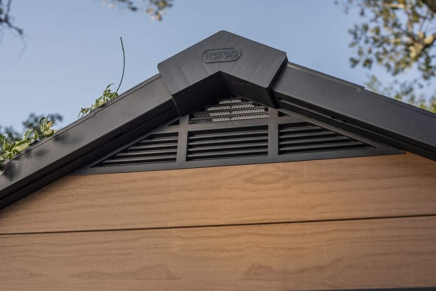 Keter Newton 7.5x11 Large Resin Outdoor Storage Shed Kit &ndash; Perfect to Store Patio Furniture, Garden Tools, Bike Accessories, and Lawn Mower, Mahogany Brown