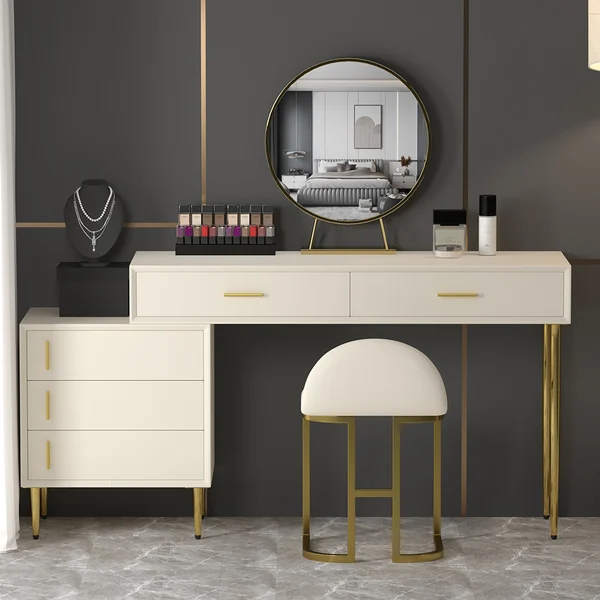 Modern Blue Makeup Vanity Set Retracted Dressing Table Cabinet&Stool&Mirror Included
