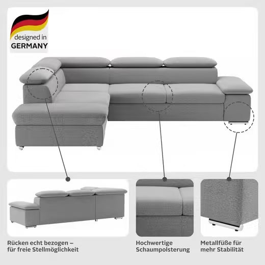 Valantine L-shaped corner sofa (Luxury microfiber ALTARA NUBUCK® with bed function)