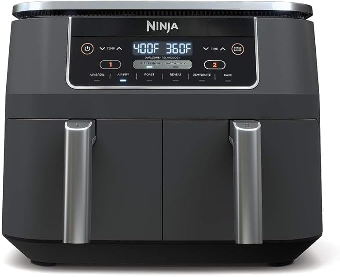 Ninja Foodi Dual Zone Digital Hot Air Fryer - 6-in-1, 2 Compartments, 6.2L, 7.6L, 9.5L – Non-Stick, Dishwasher Safe, Black AF300EU