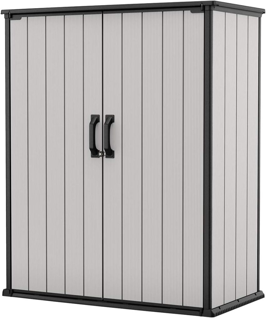 Keter Premier Tall 4.6 x 5.6 ft. Resin Outdoor Storage Shed with Shelving Brackets for Patio Furniture, Pool Accessories, and Bikes, Grey &amp; Black