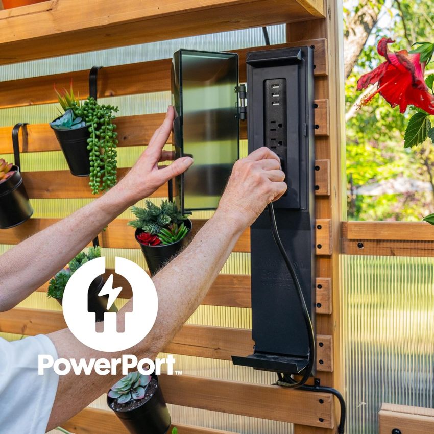 Backyard Discovery Bellerose Traditional Wood Greenhouse, All Cedar, Exterior and Interior Hose Hook-up, PowerPort, Foldable Shelves, Passive and Active Ventilation