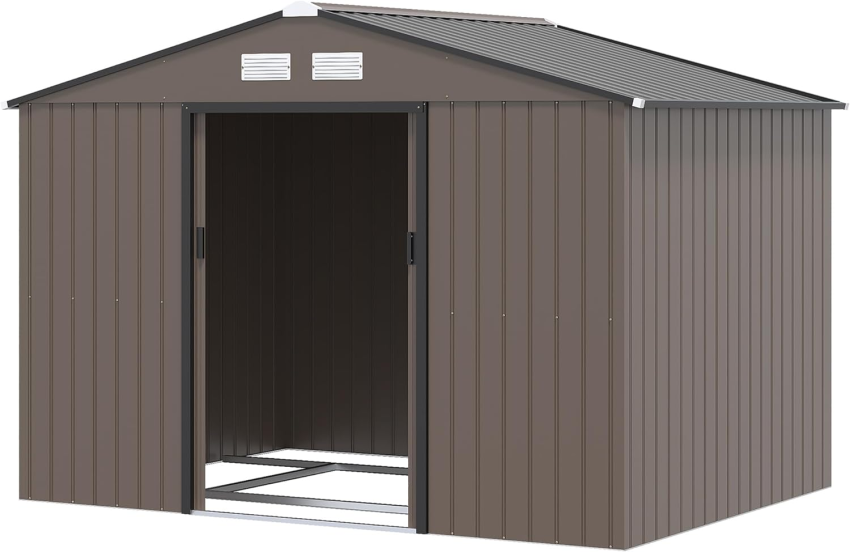 Outsunny 9 x 6ft Garden Metal Storage Shed, Outdoor Storage Tool House with Ventilation Slots, Floor Foundation and Lockable Double Doors, Light Green