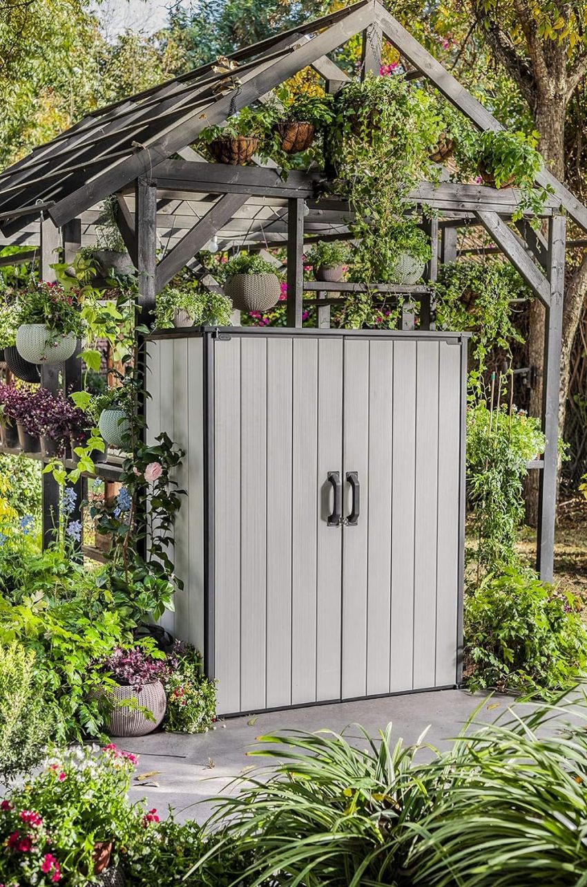 Keter Premier Tall 4.6 x 5.6 ft. Resin Outdoor Storage Shed with Shelving Brackets for Patio Furniture, Pool Accessories, and Bikes, Grey &amp; Black