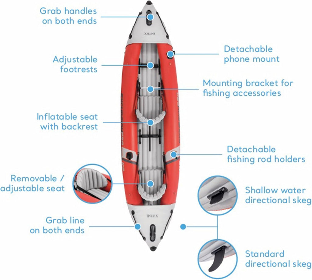 Intex 68309EP Excursion Pro K2 Inflatable Kayak Set: Includes Deluxe 86in Kayak Paddles and High-Output Pump – SuperTough PVC – Adjustable Bucket Seat – 2-Person – 400lb Weight Capacity