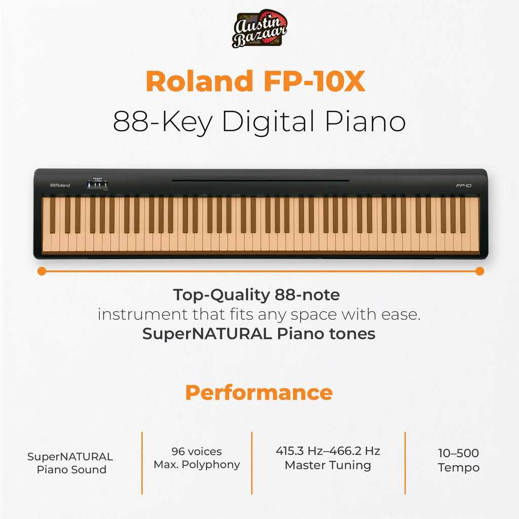 Roland FP-10 Digital Piano - Black Bundle with KSC-FP10 Stand, Bench, Sustain Pedal, Instructional Book, Online Lessons, Instructional DVD, and Austin Bazaar Polishing Cloth