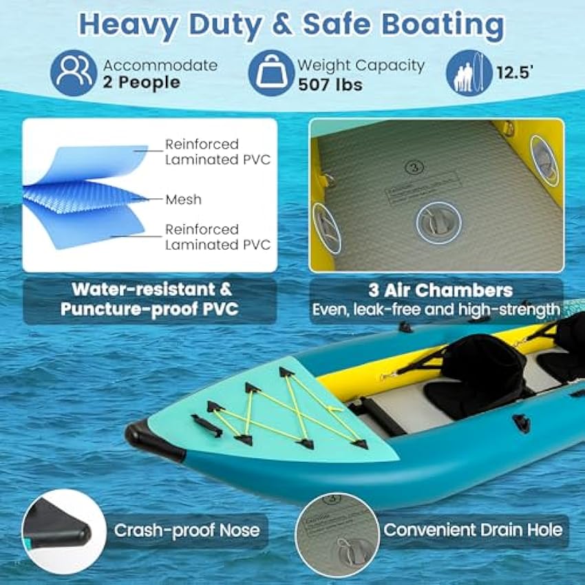 S AFSTAR Inflatable Kayak, 2 Person Canoe with 507 lbs Capacity, Drop-Stitch Floor, All Accessories & Carry Bag, 12.5 ft Large Sit in Tandem Kayak for Fishing, Camping & Exploring for Adults