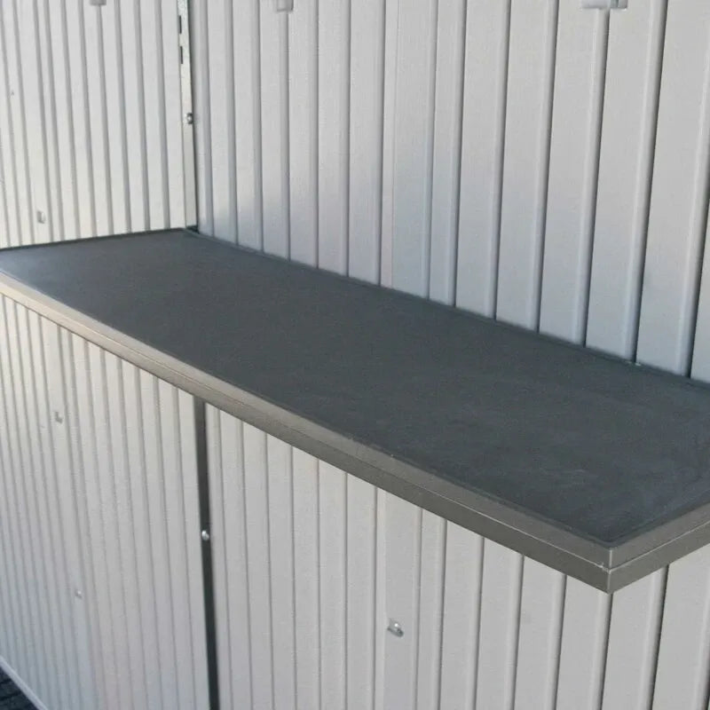 8 feet. Width x 10 feet. D plastic traditional storage shed