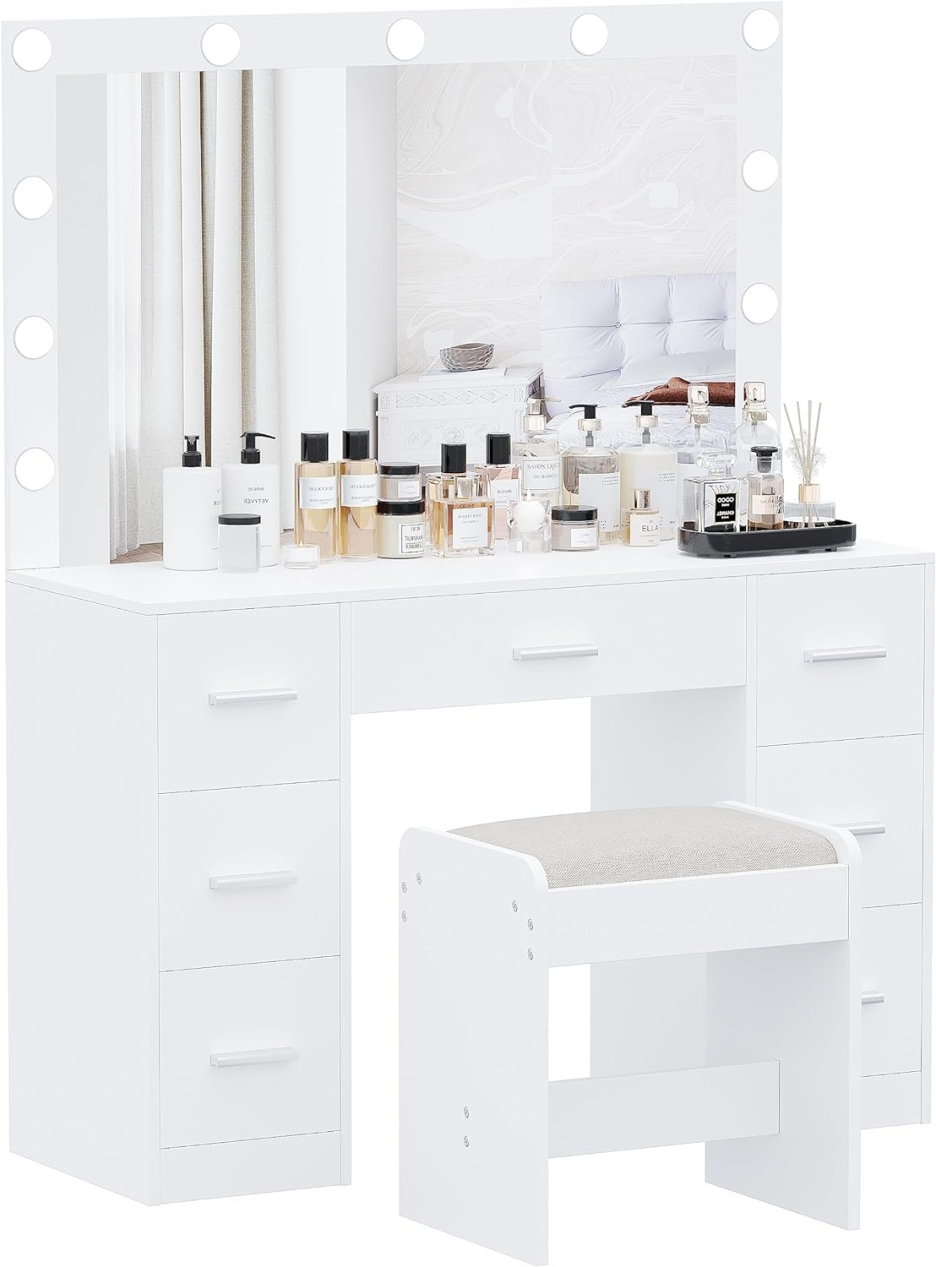 Vanity Desk with Stool. Makeup Table with Lighted Mirror. 3 Color Lighting Modes. Brightness Adjustable. Dressing Table