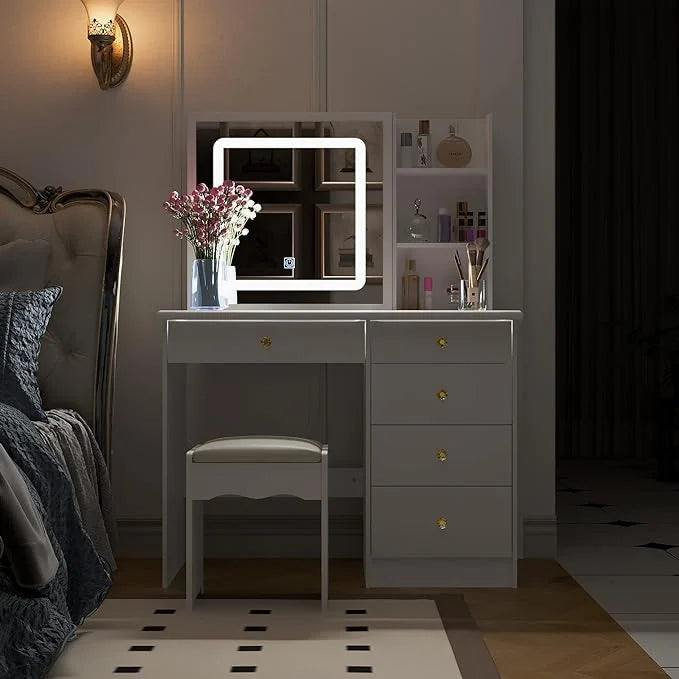Vanity Stool Set With Sliding Lighted Mirror & Transparent glass panel