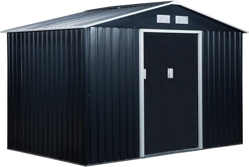Outsunny 9 x 6ft Garden Metal Storage Shed, Outdoor Storage Tool House with Ventilation Slots, Floor Foundation and Lockable Double Doors, Light Green