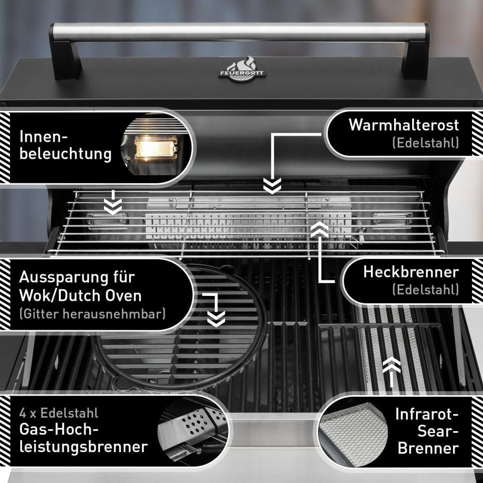 Fire God Hector 4B-S Gas Grill, including rotisserie, lid - all-inclusive, comes with 4 grilling utensils - 4 burners, grill burner, cast iron grate, back burner, side burner for garden and patio