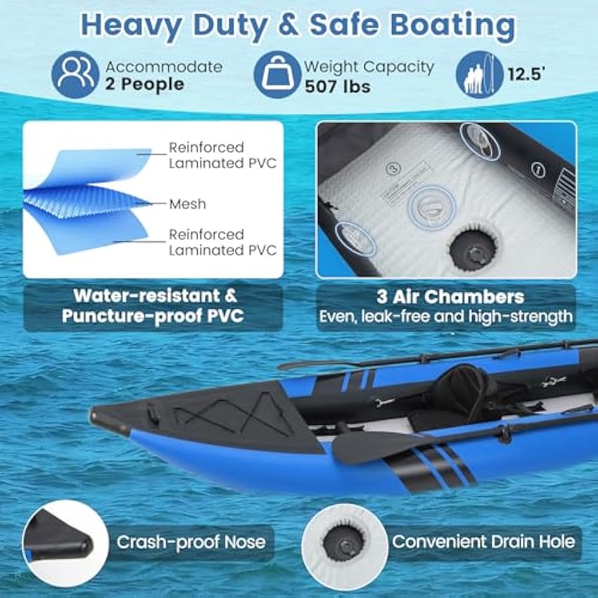 S AFSTAR Inflatable Kayak, 2 Person Canoe with 507 lbs Capacity, Drop-Stitch Floor, All Accessories & Carry Bag, 12.5 ft Large Sit in Tandem Kayak for Fishing, Camping & Exploring for Adults