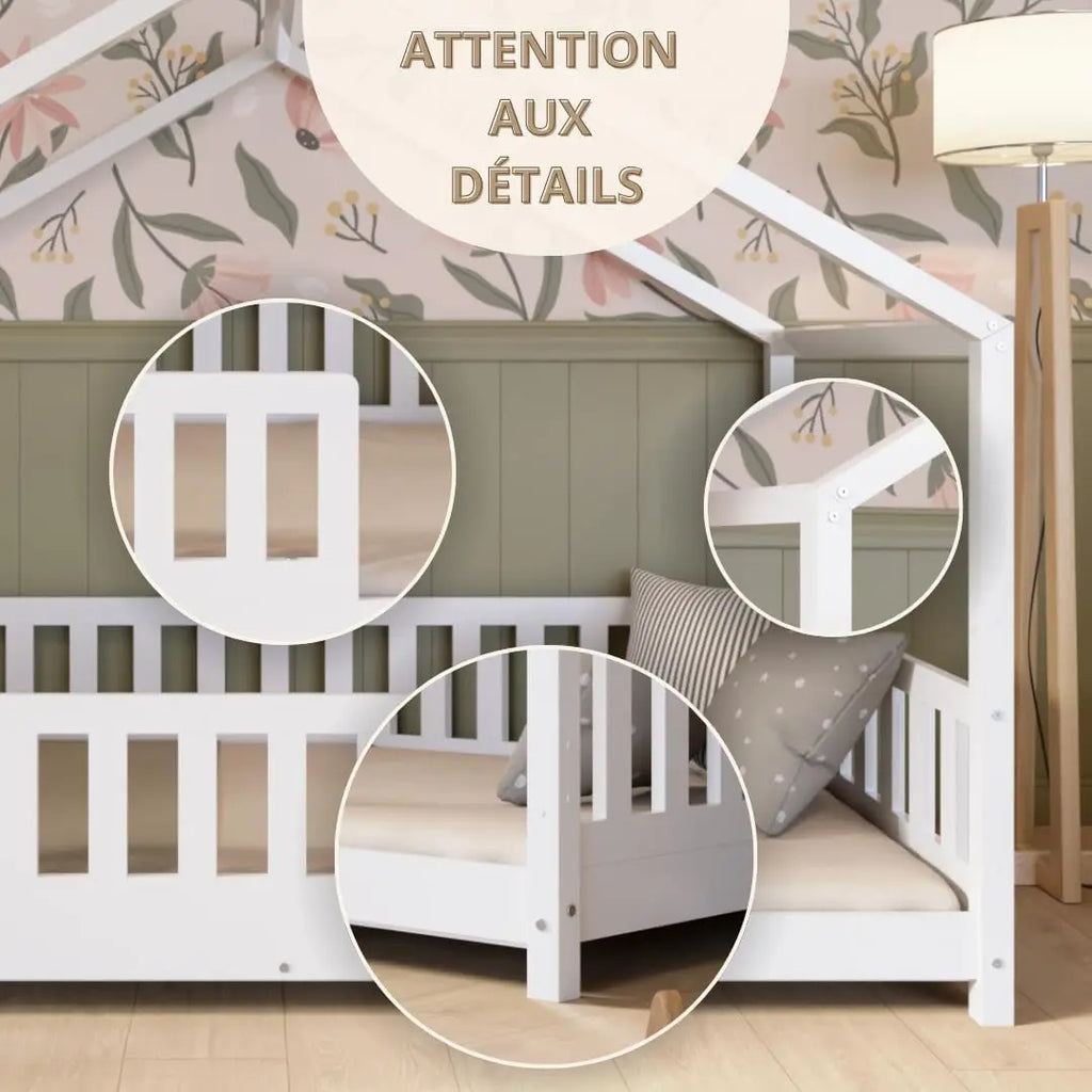 Crazy Pine Cabin Bed 160x80 cm – Natural Wood Children's Bed with Barrier – Montessori Floor Bed with Height-Adjustable Legs and Removable Barrier - Crazy House