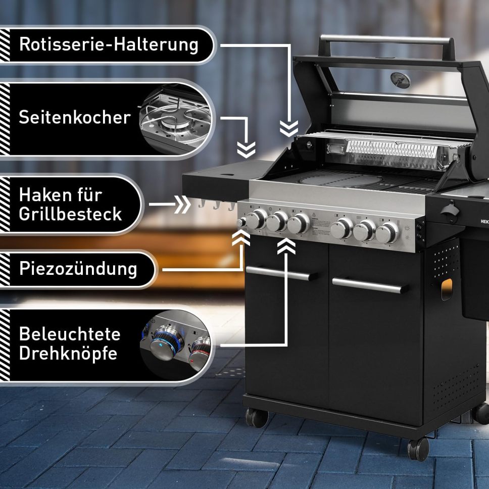 Fire God Hector 4B-S Gas Grill, including rotisserie, lid - all-inclusive, comes with 4 grilling utensils - 4 burners, grill burner, cast iron grate, back burner, side burner for garden and patio