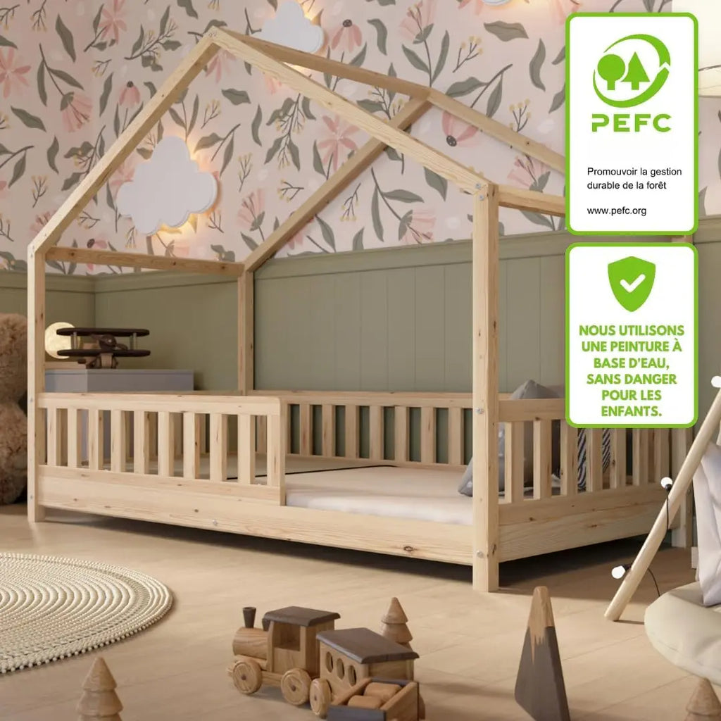 Crazy Pine Cabin Bed 160x80 cm – Natural Wood Children's Bed with Barrier – Montessori Floor Bed with Height-Adjustable Legs and Removable Barrier - Crazy House