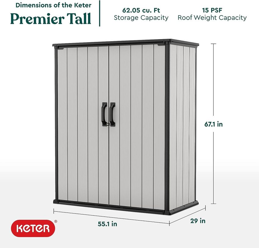 Keter Premier Tall 4.6 x 5.6 ft. Resin Outdoor Storage Shed with Shelving Brackets for Patio Furniture, Pool Accessories, and Bikes, Grey &amp; Black