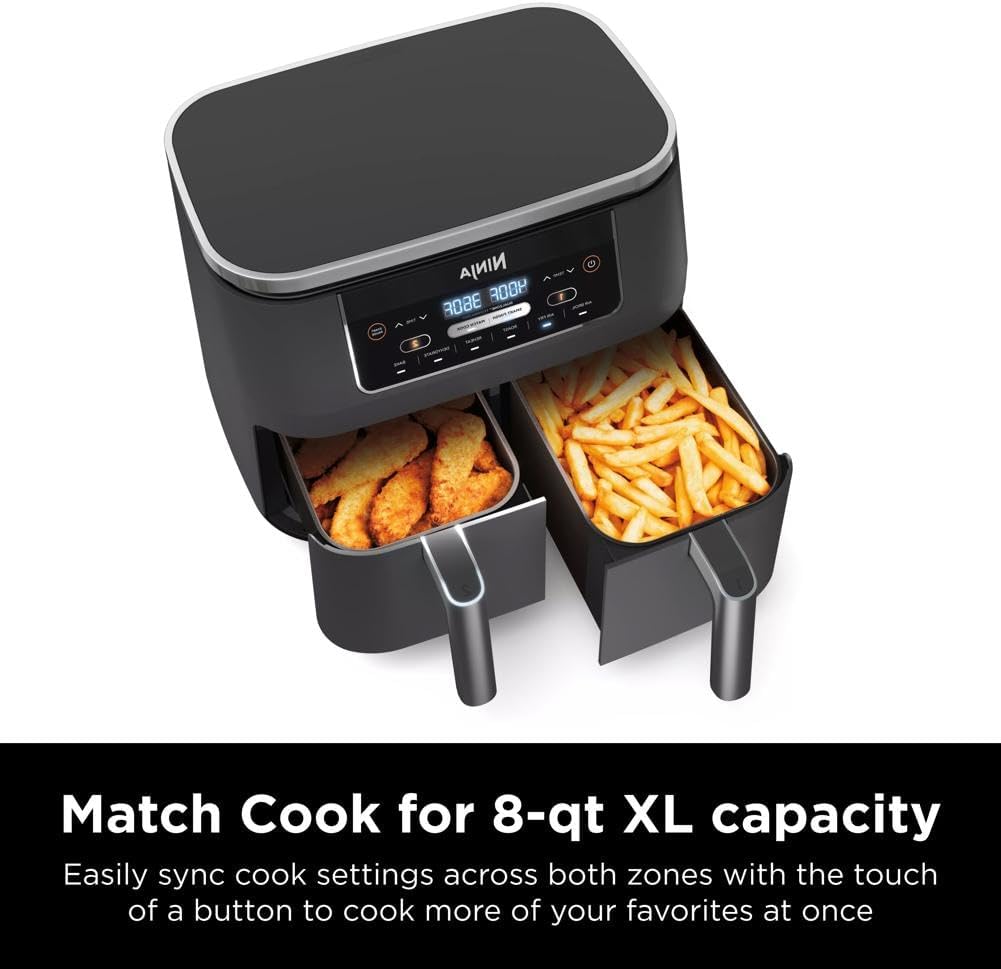 Ninja Foodi Dual Zone Digital Hot Air Fryer - 6-in-1, 2 Compartments, 6.2L, 7.6L, 9.5L – Non-Stick, Dishwasher Safe, Black AF300EU