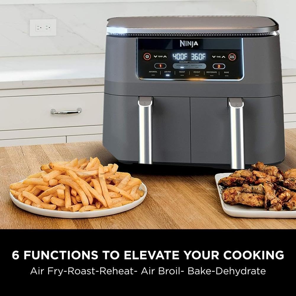 Ninja Foodi Dual Zone Digital Hot Air Fryer - 6-in-1, 2 Compartments, 6.2L, 7.6L, 9.5L – Non-Stick, Dishwasher Safe, Black AF300EU
