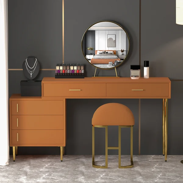Modern Blue Makeup Vanity Set Retracted Dressing Table Cabinet&Stool&Mirror Included