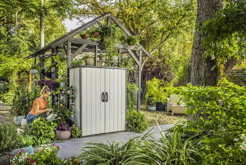 Keter Premier Tall 4.6 x 5.6 ft. Resin Outdoor Storage Shed with Shelving Brackets for Patio Furniture, Pool Accessories, and Bikes, Grey &amp; Black