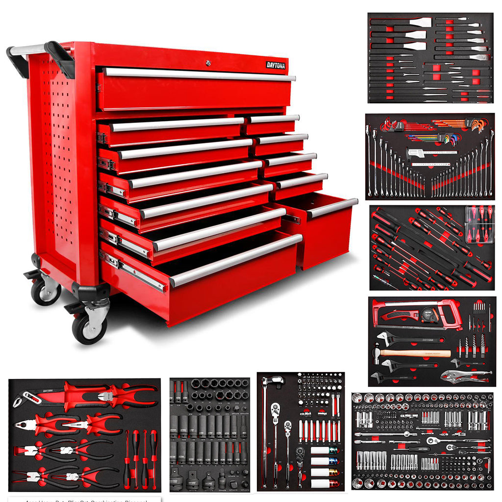 Daytona 655 Piece Mechanical Tool Set with 43" 12 Drawer Red Roller Cabinet