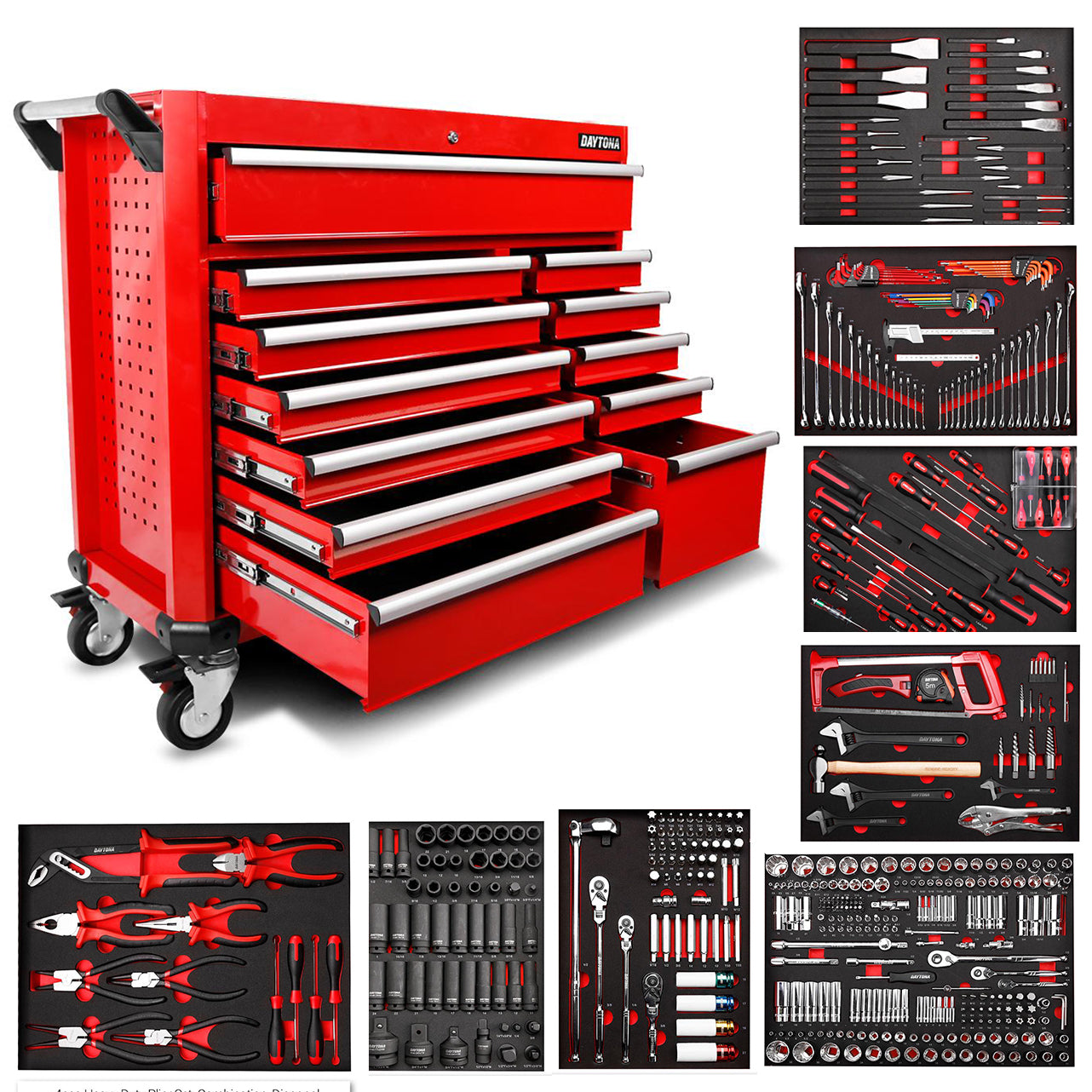 Daytona 655 Piece Mechanical Tool Set with 43" 12 Drawer Red Roller Cabinet