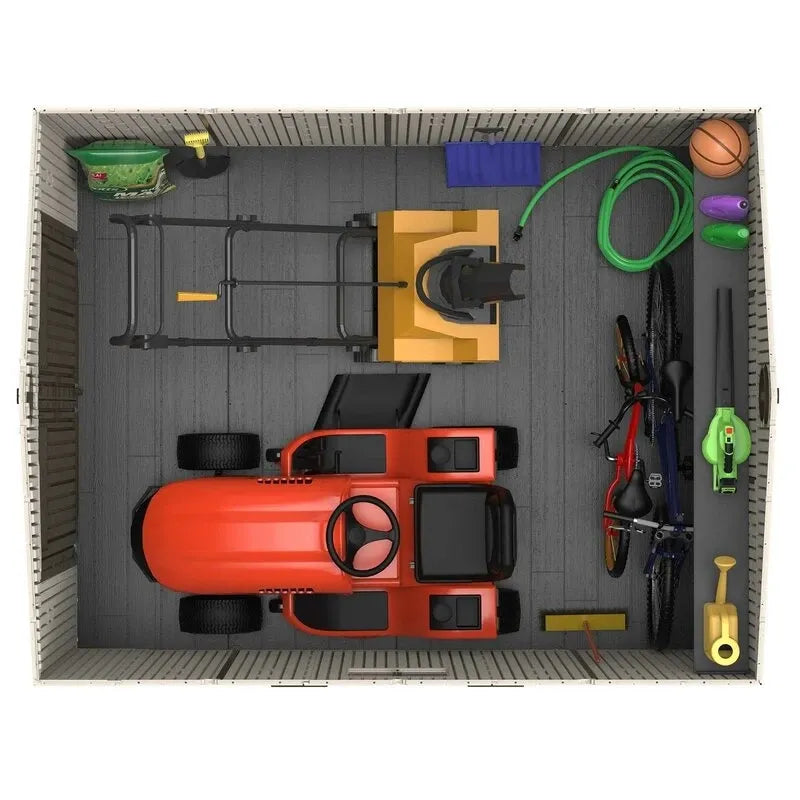 8 feet. Width x 10 feet. D plastic traditional storage shed