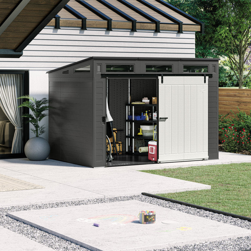 Suncast Modernist 10 ft. 9.5 in. W x 7 ft. 3.5 in. D Barn Door Resin Storage Shed