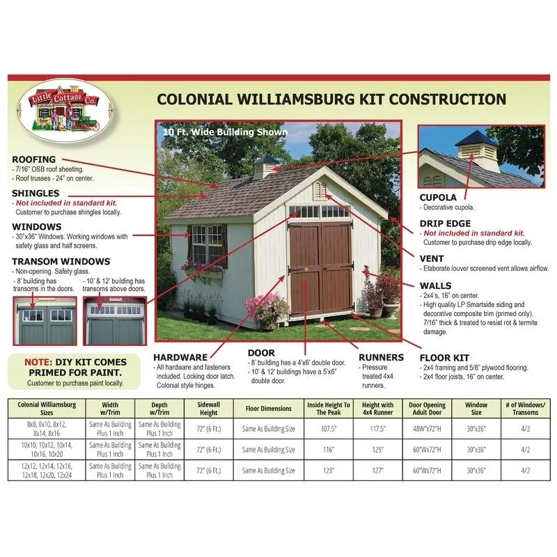 Colonial Williamsburg 10' wide x 16' deep solid and faux wood storage shed