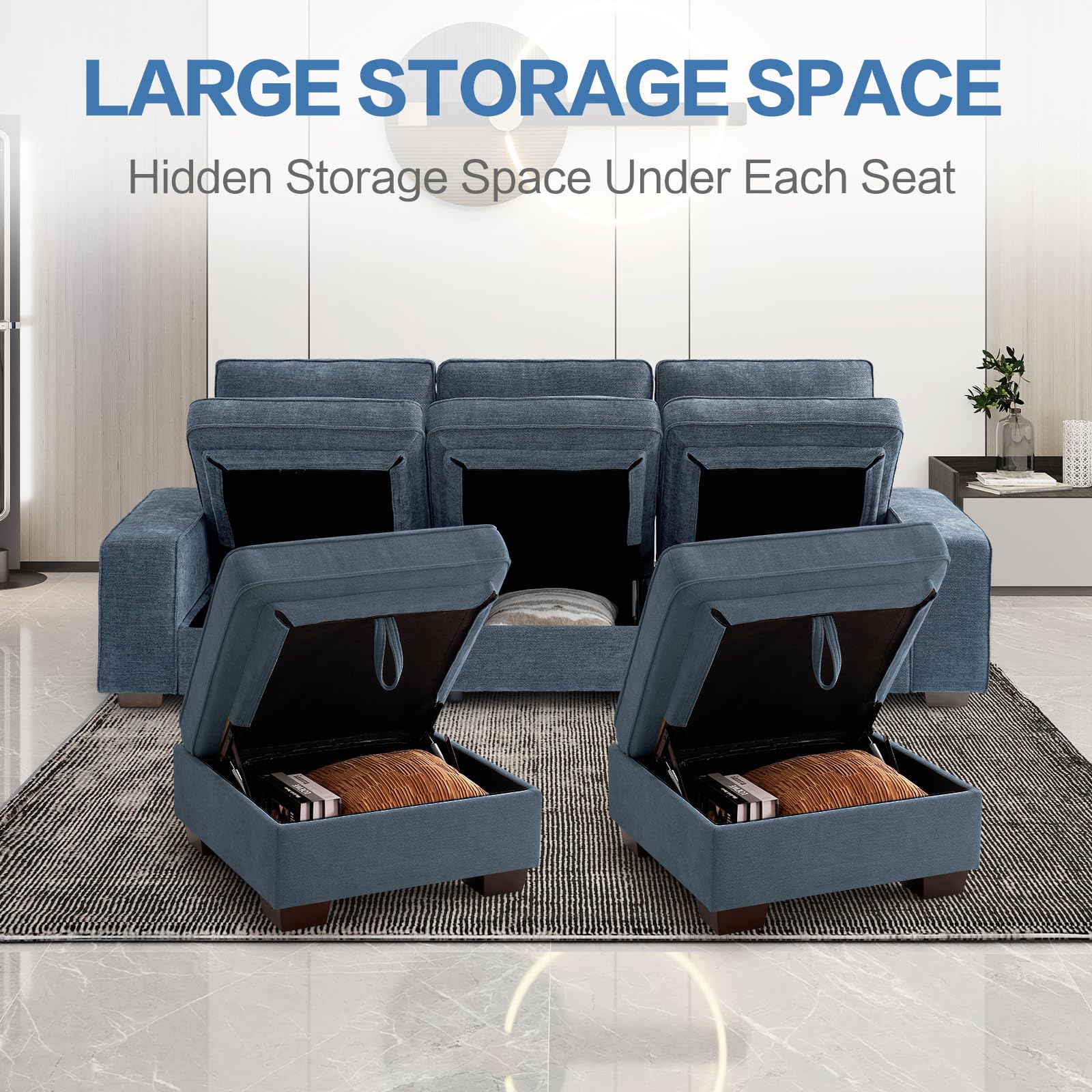 TEKAMON 100" Modular Sectional Sofa with Seats Storage, L Shaped Couch with Movable Ottoman, Chenille Fabric Couch for Living Room, Office, Apart W/Deep Seat, USB Charging,Removable Cover