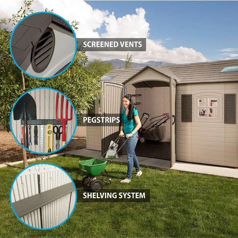 Double entry 15' wide x 8' deep plastic storage shed