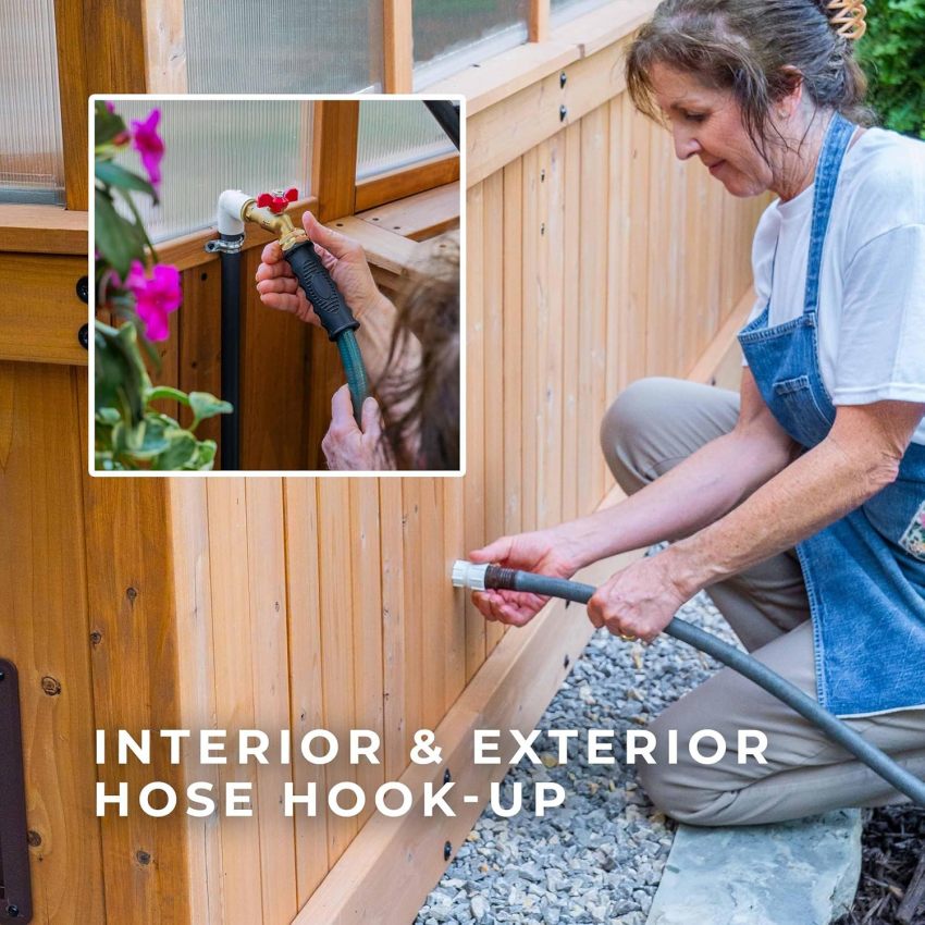Backyard Discovery Bellerose Traditional Wood Greenhouse, All Cedar, Exterior and Interior Hose Hook-up, PowerPort, Foldable Shelves, Passive and Active Ventilation