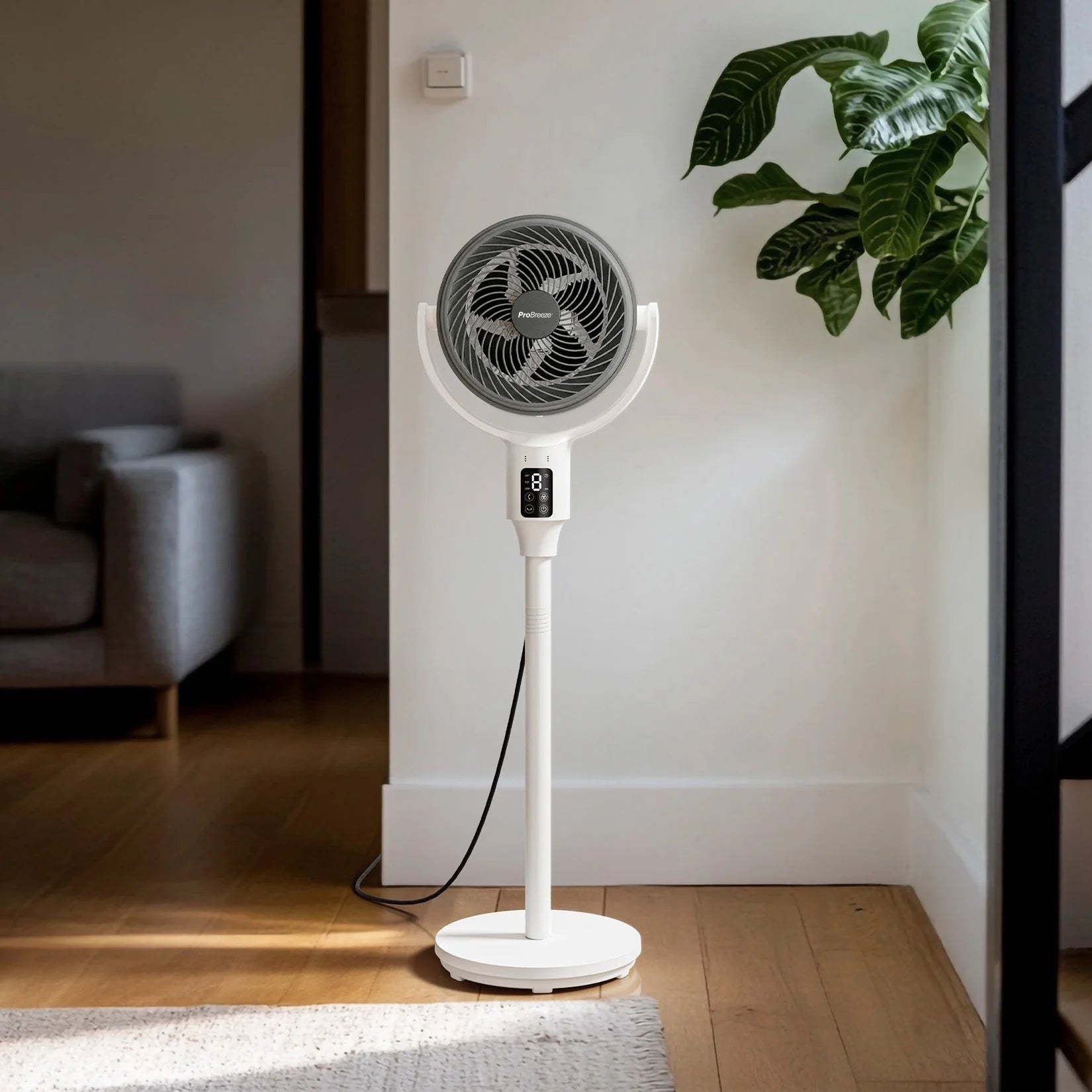 AirFlo™ 43" Smart Hybrid Pedestal Fan - Ultra-Quiet Air Circulator - White/Grey