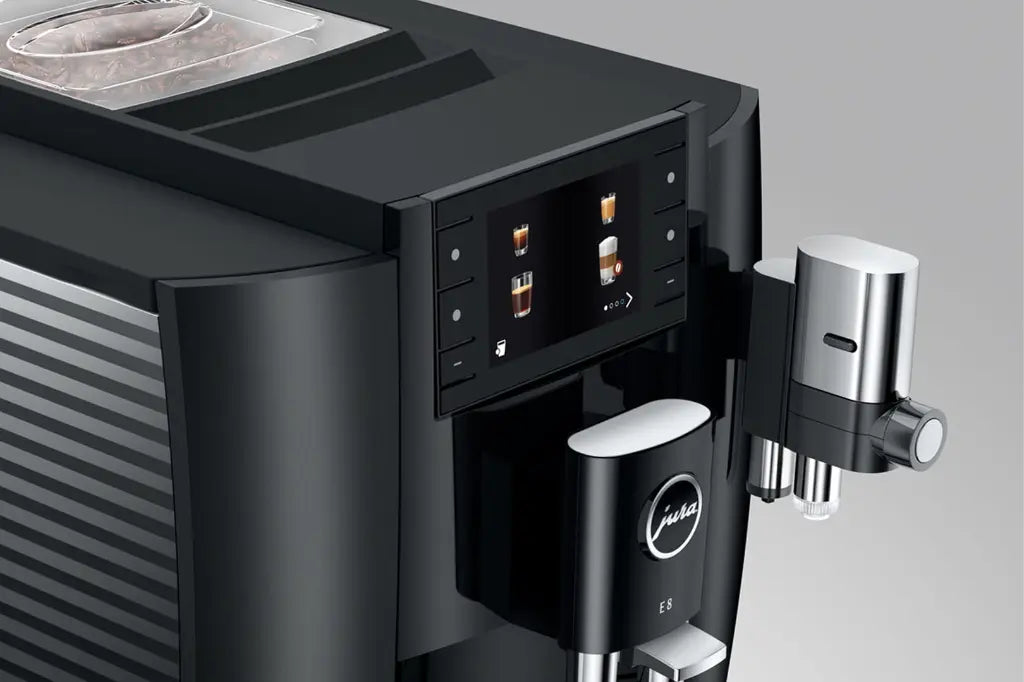 JURA E8 EC Automatic Bean-to-Cup Coffee Machine – Piano Black, Dark Grey & Titanium Grey, 17 Barista-Style Drinks at One Touch
