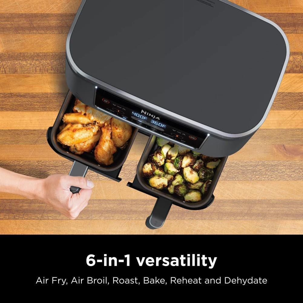 Ninja Foodi Dual Zone Digital Hot Air Fryer - 6-in-1, 2 Compartments, 6.2L, 7.6L, 9.5L – Non-Stick, Dishwasher Safe, Black AF300EU