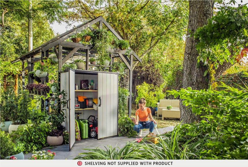 Keter Premier Tall 4.6 x 5.6 ft. Resin Outdoor Storage Shed with Shelving Brackets for Patio Furniture, Pool Accessories, and Bikes, Grey &amp; Black