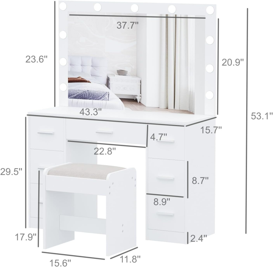 Vanity Desk with Stool. Makeup Table with Lighted Mirror. 3 Color Lighting Modes. Brightness Adjustable. Dressing Table