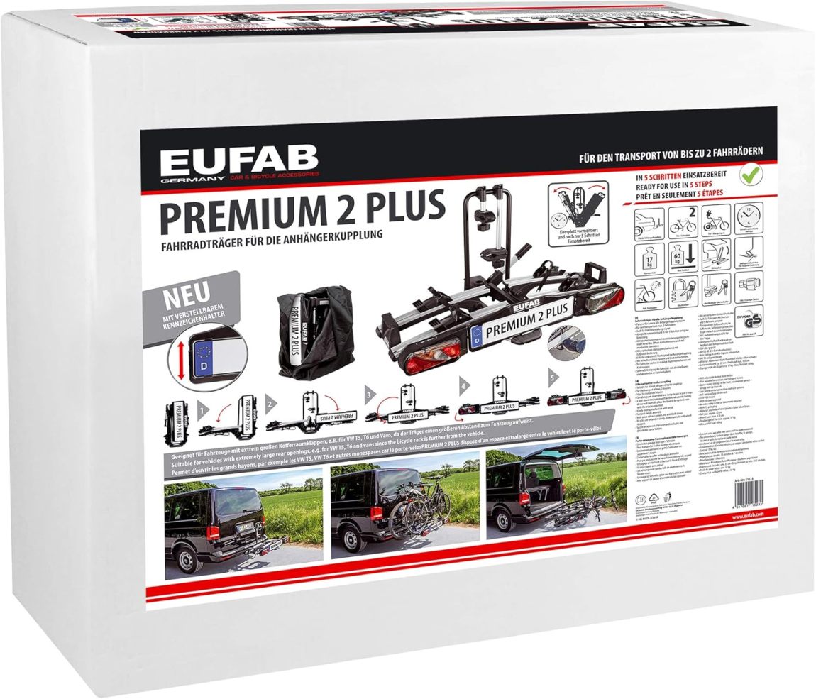 EUFAB 11523 Premium 2 Plus Bicycle Carrier, Suitable for E-Bikes, Large Tailgates, Fully Pre-Assembled, Anti-Theft Protection, for 2 Bicycles, for Trailer Coupling, Black/Grey, W x H x D Approx. 115 x
