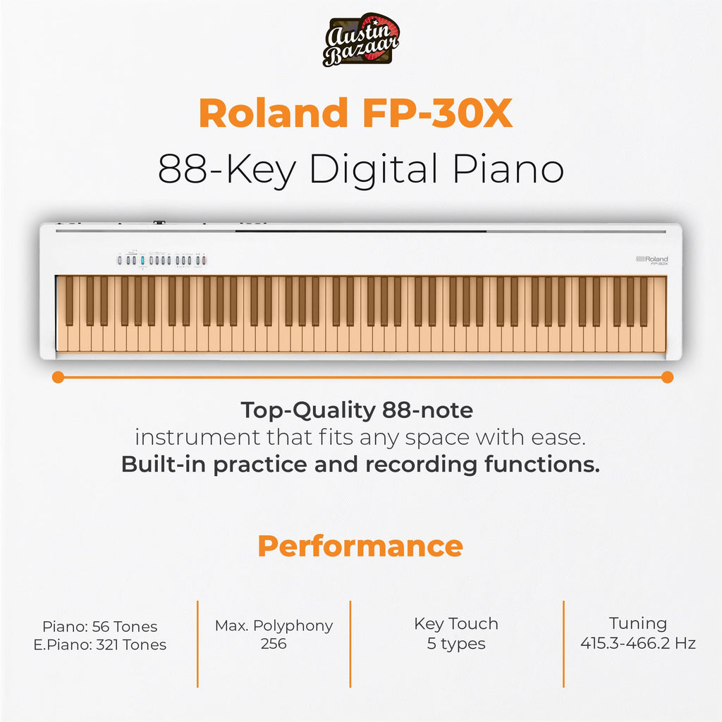 Roland FP-10 Digital Piano - Black Bundle with KSC-FP10 Stand, Bench, Sustain Pedal, Instructional Book, Online Lessons, Instructional DVD, and Austin Bazaar Polishing Cloth