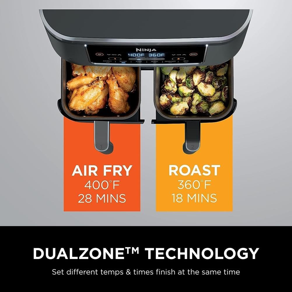 Ninja Foodi Dual Zone Digital Hot Air Fryer - 6-in-1, 2 Compartments, 6.2L, 7.6L, 9.5L – Non-Stick, Dishwasher Safe, Black AF300EU