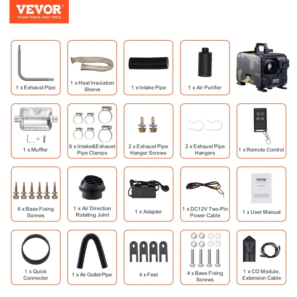 VEVOR 8KW Diesel Heater, 12V/24V All in One Diesel Air Heater, Bluetooth APP Control, Remote Control and Display Screen, CO Alarm, Fast Heating Horizontal Portable Diesel Heater for Vehicles, Garage