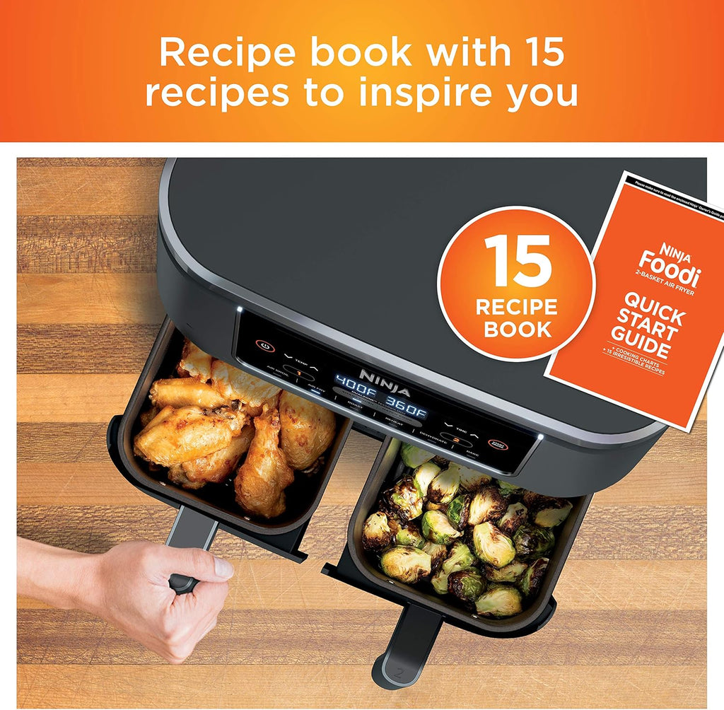 Ninja Foodi Dual Zone Digital Hot Air Fryer - 6-in-1, 2 Compartments, 6.2L, 7.6L, 9.5L – Non-Stick, Dishwasher Safe, Black AF300EU