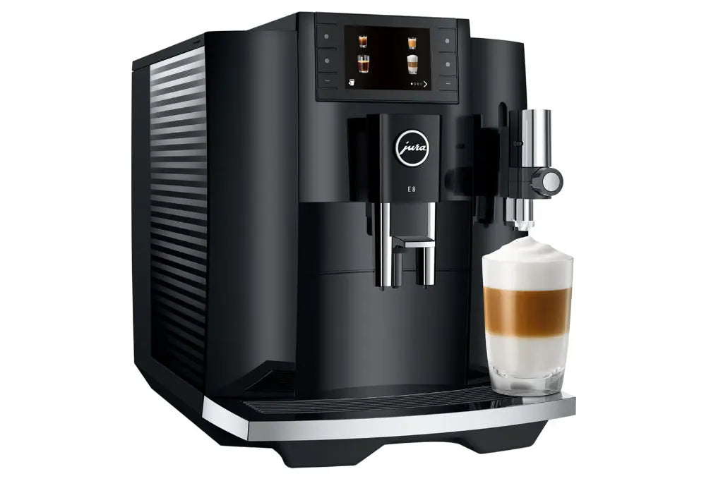 JURA E8 EC Automatic Bean-to-Cup Coffee Machine – Piano Black, Dark Grey & Titanium Grey, 17 Barista-Style Drinks at One Touch