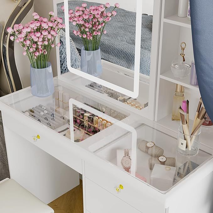 Vanity Stool Set With Sliding Lighted Mirror & Transparent glass panel